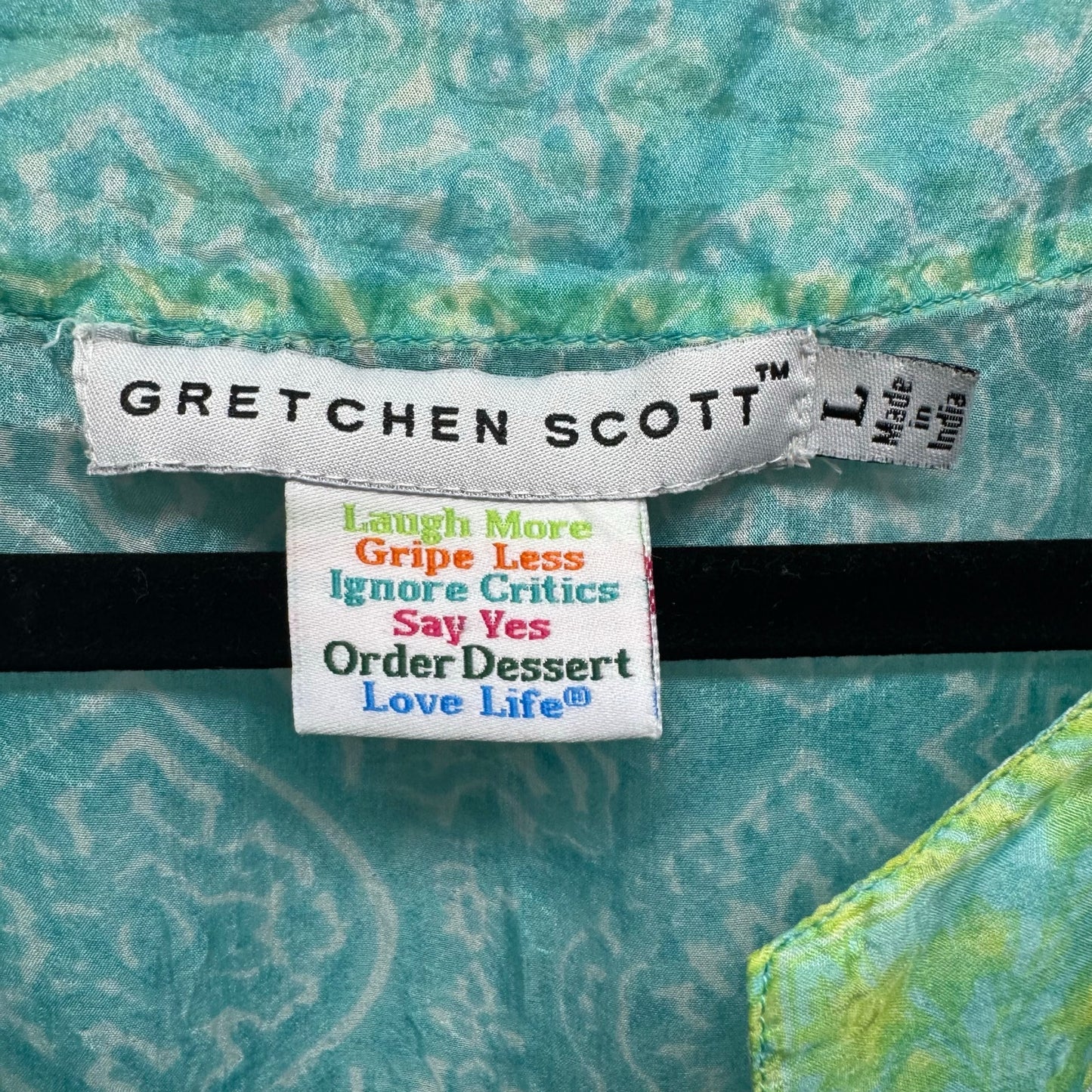 Gretchen Scott Turquoise Lime 3/4 Sleeve Easy Breezy Silk Tunic Womens Large