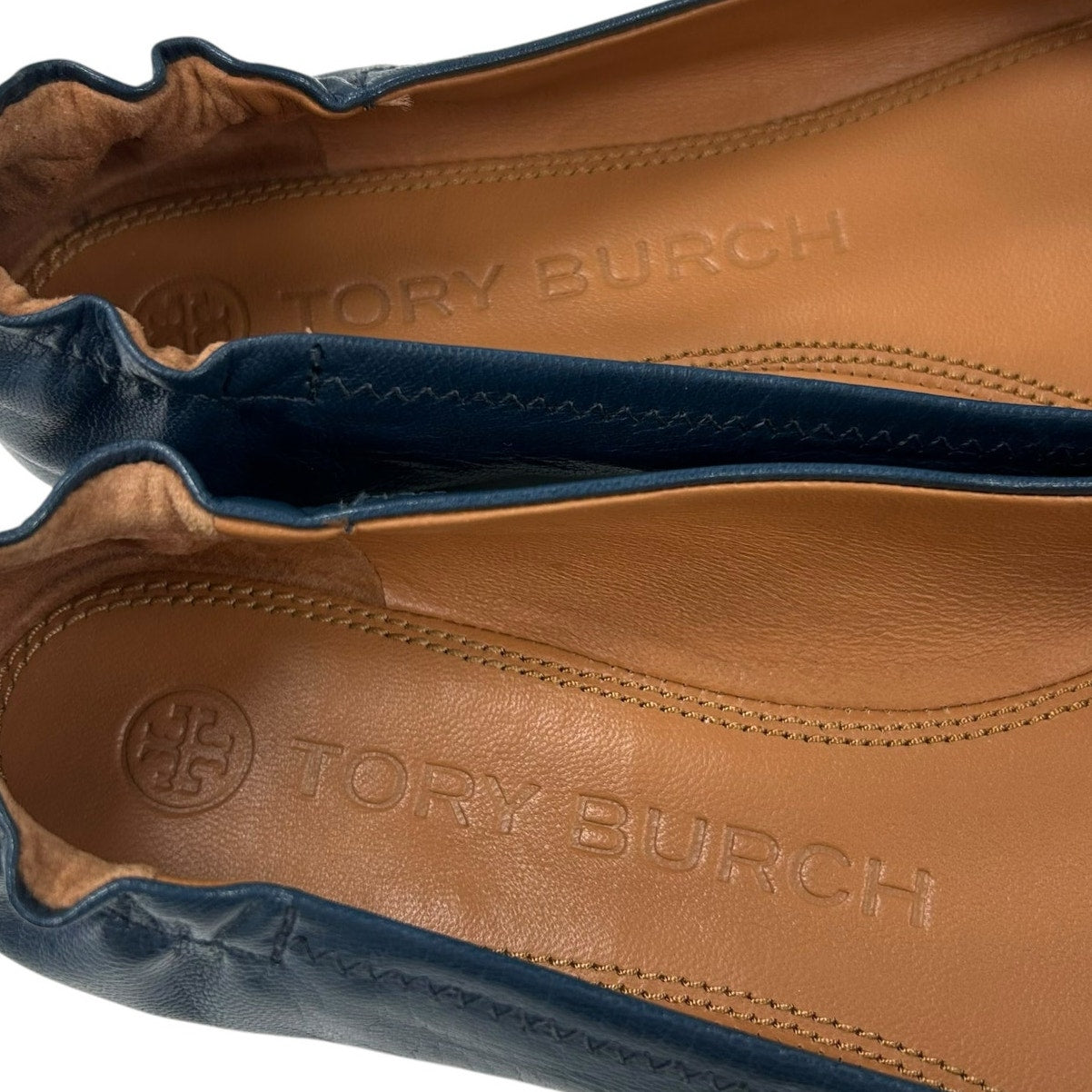 Tory Burch Multi Logo Cap Toe Leather Elastic Round Toe Ballet Flats Womens 7