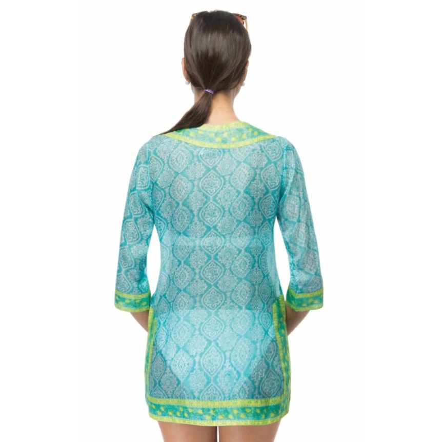 Gretchen Scott Turquoise Lime 3/4 Sleeve Easy Breezy Silk Tunic Womens Large