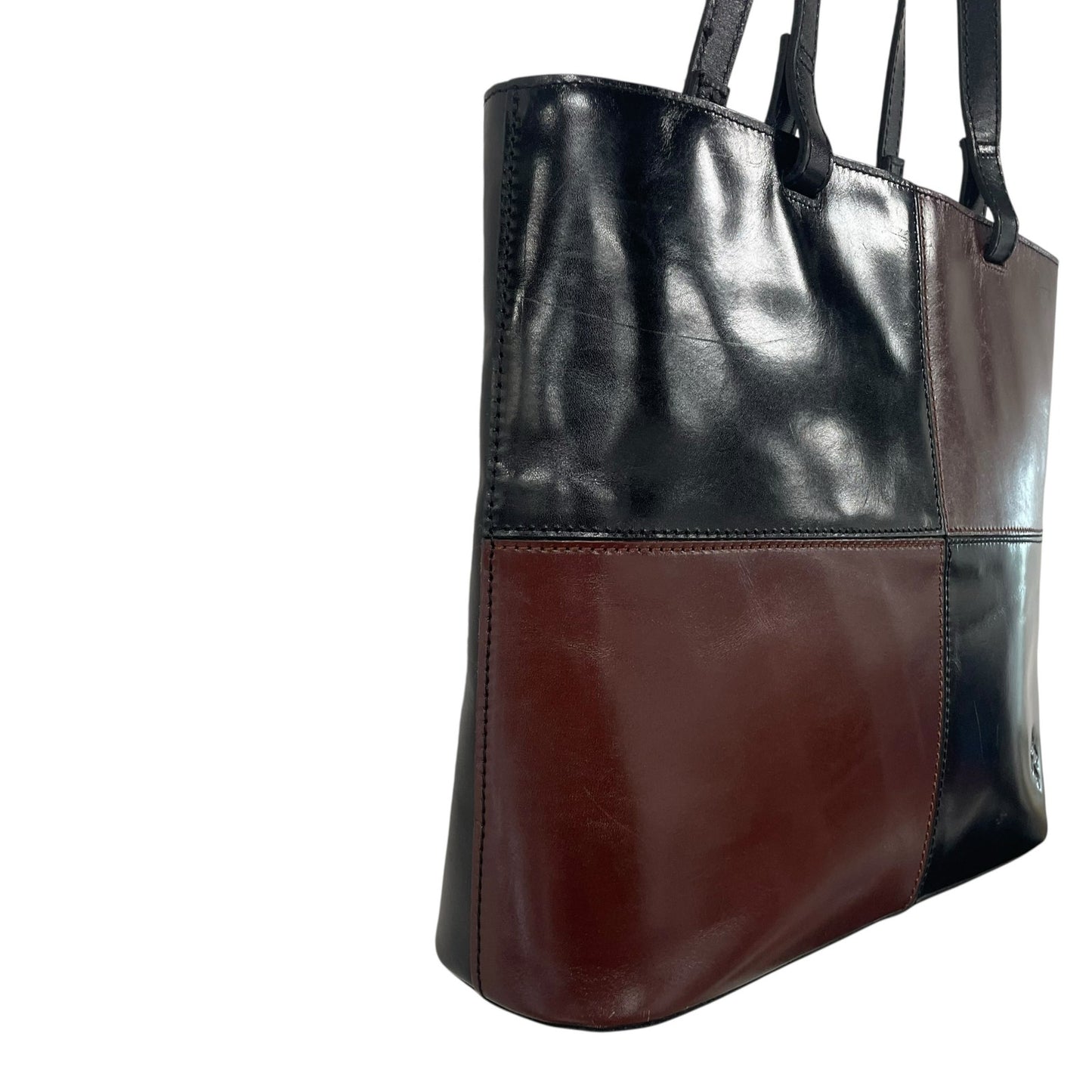 Patricia Nash Braden Tote Bag Black Brown Leather Colorblock Patchwork AS IS