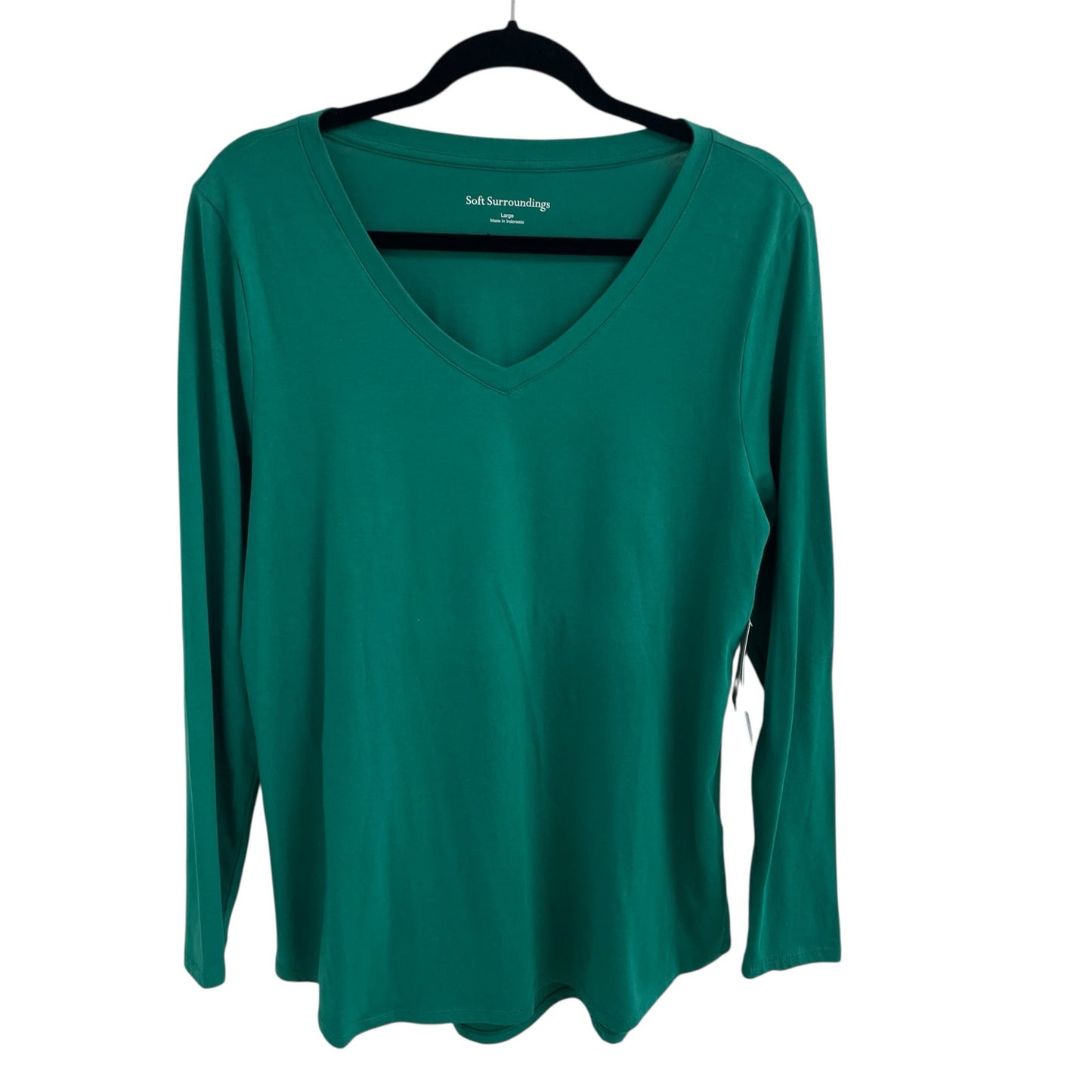 NWT Soft Surroundings Cotton Blend Long Sleeve V Neck T Shirt Green Womens Large