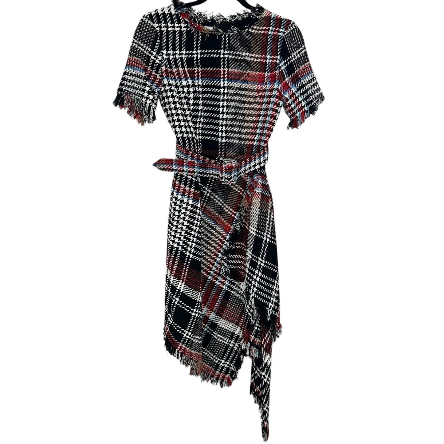 Oscar de la Renta Black Red Renta Plaid Asymmetrical Belted Tweed Dress Womens 6
