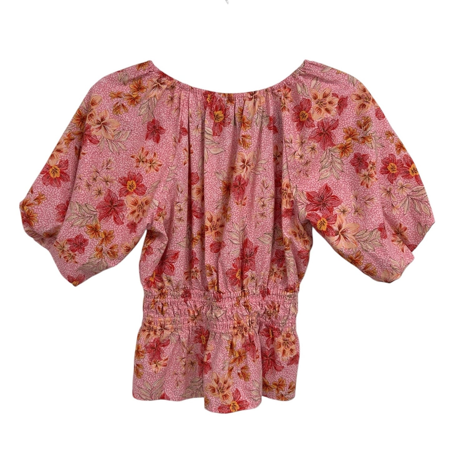 LOFT Pink Zinnia Lily Gathered Waist V-Neck Blouse Womens Petite Small