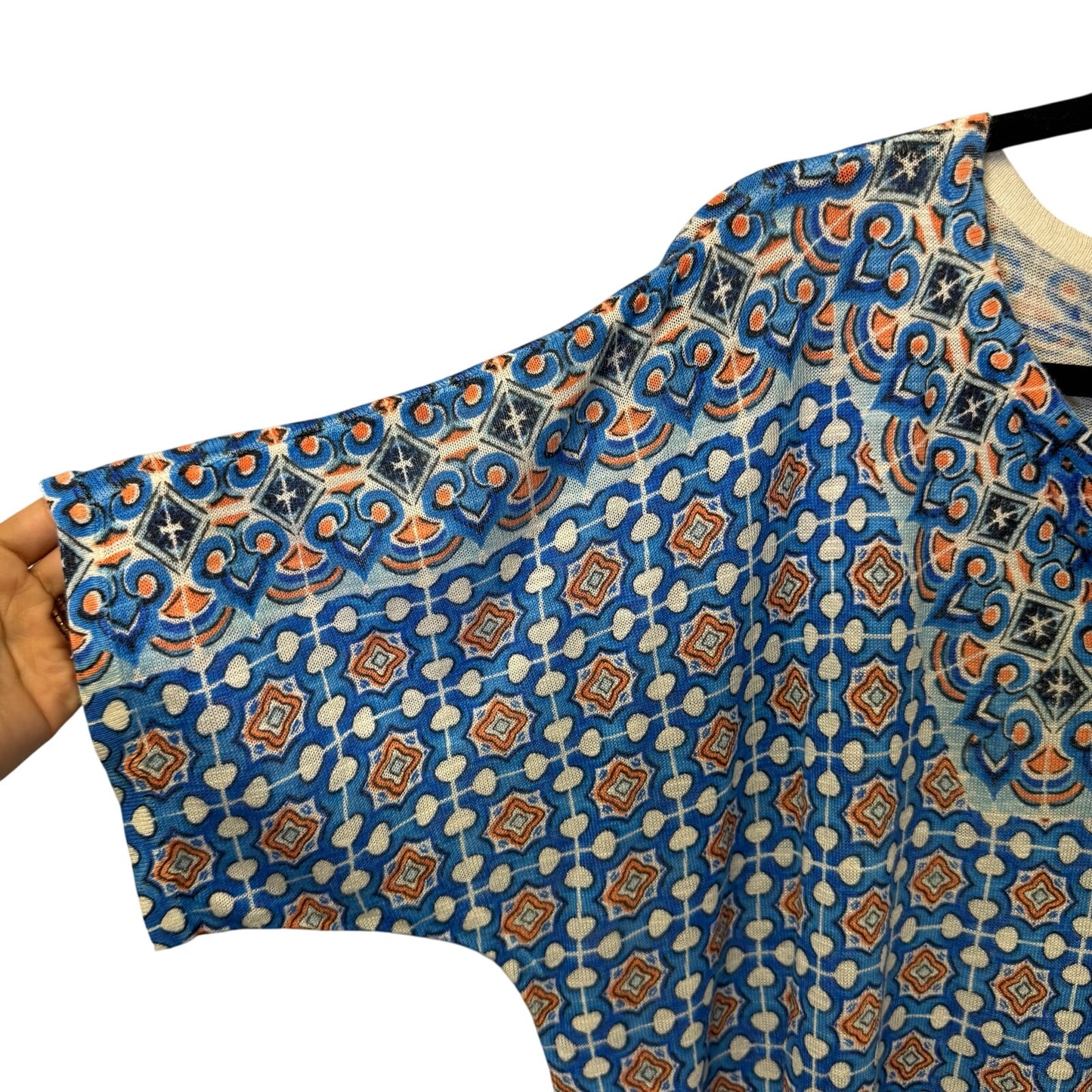 Chico’s Blue Orange Geometric Print Short Sleeve V Neck Ramie Top Womens 20