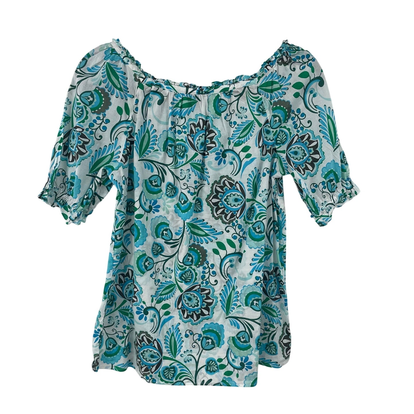 Talbots Short Sleeve Square Neck Blue Green Floral Print Top Womens Size XS