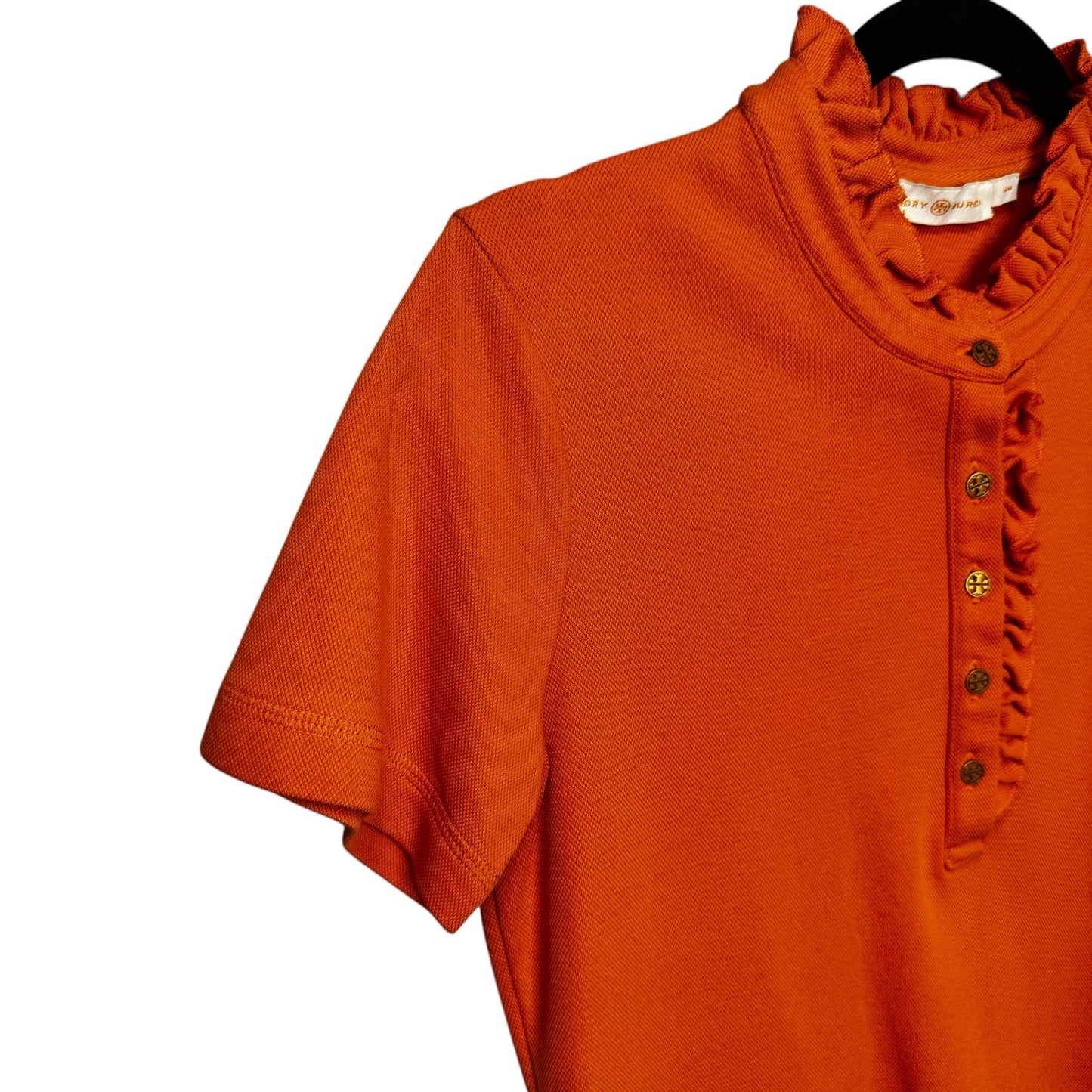 Tory Burch Red Short Sleeve Ruffle Neck Half Placket Lidia Polo Womens Medium