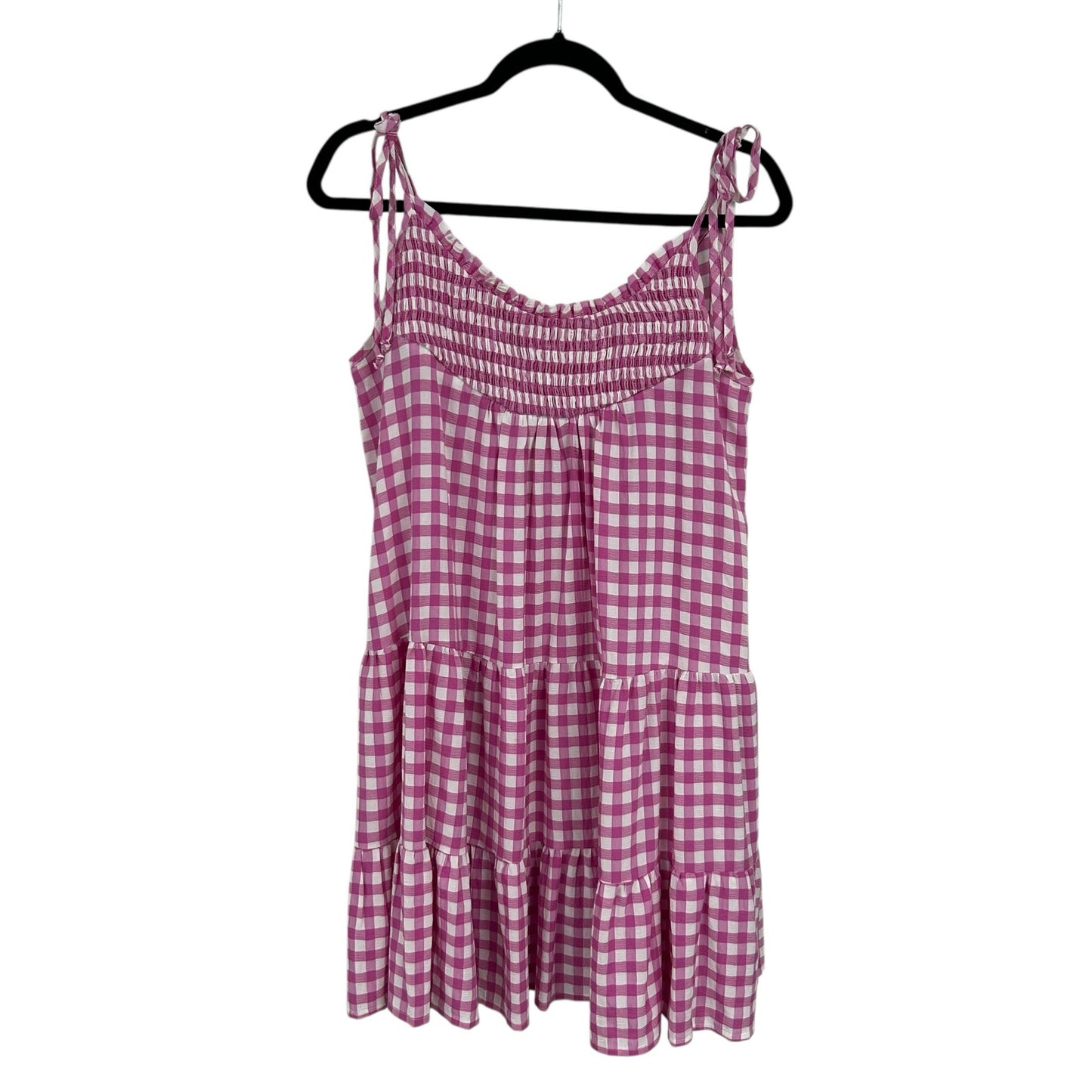 Kasia Pink White Gingham Smocked Tiered Sleeveless Mini Dress Womens XS