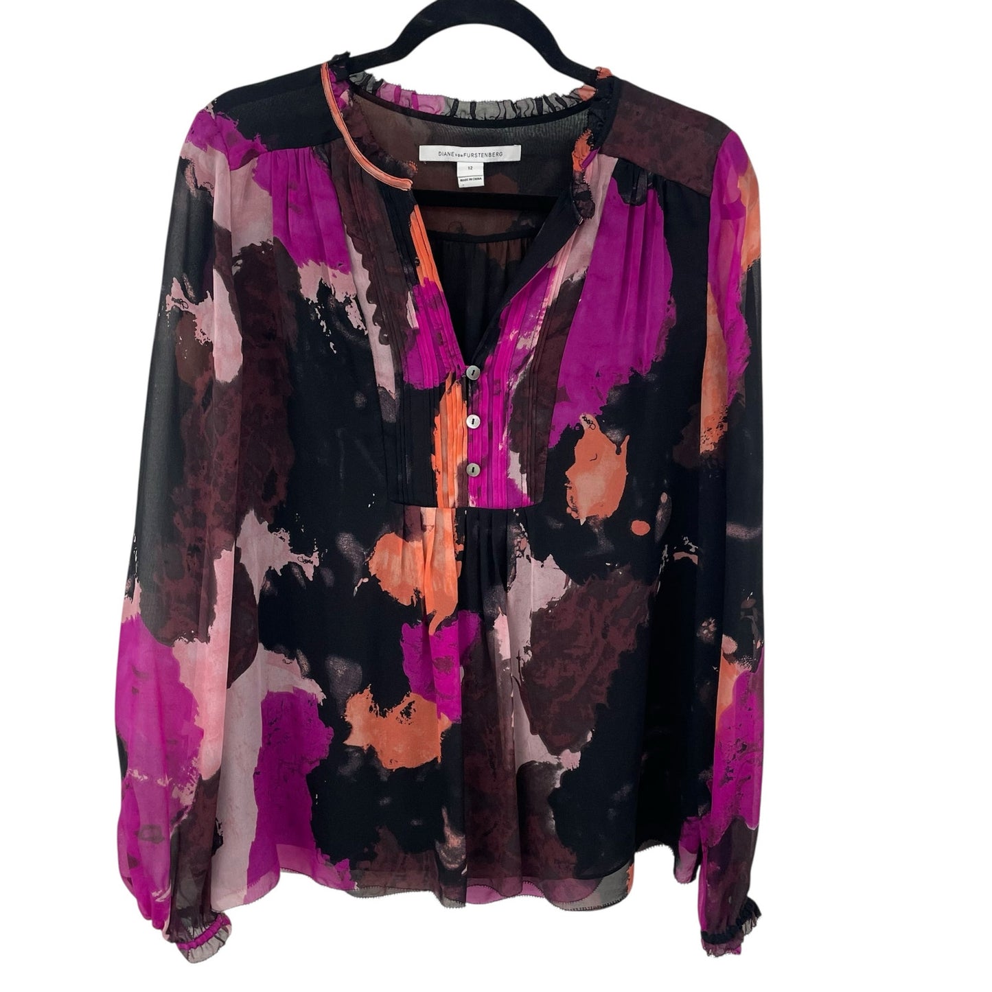 Diane von Furstenberg Silk Sheer Sleeve Button Front Annalise Top Womens Size 12