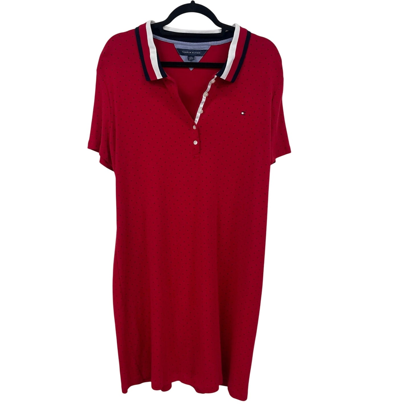 Tommy Hilfiger Short Sleeve Polo Dress Red Navy Polka Dot Print Womens Size XXL