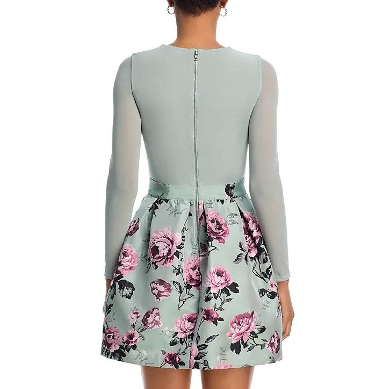 NWT Alice + Olivia Sage Floral Long Sleeve Chara Pleated Mini Dress Womens 2