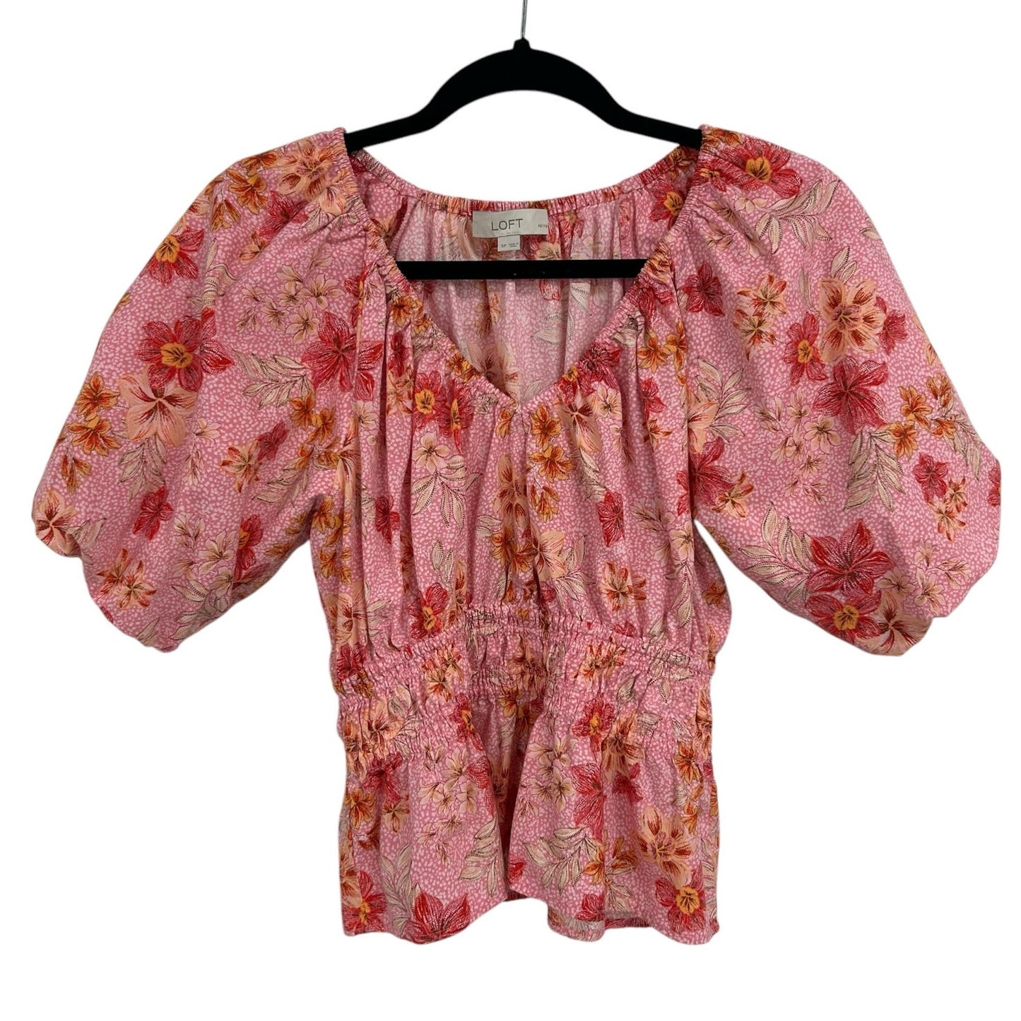 LOFT Pink Zinnia Lily Gathered Waist V-Neck Blouse Womens Petite Small