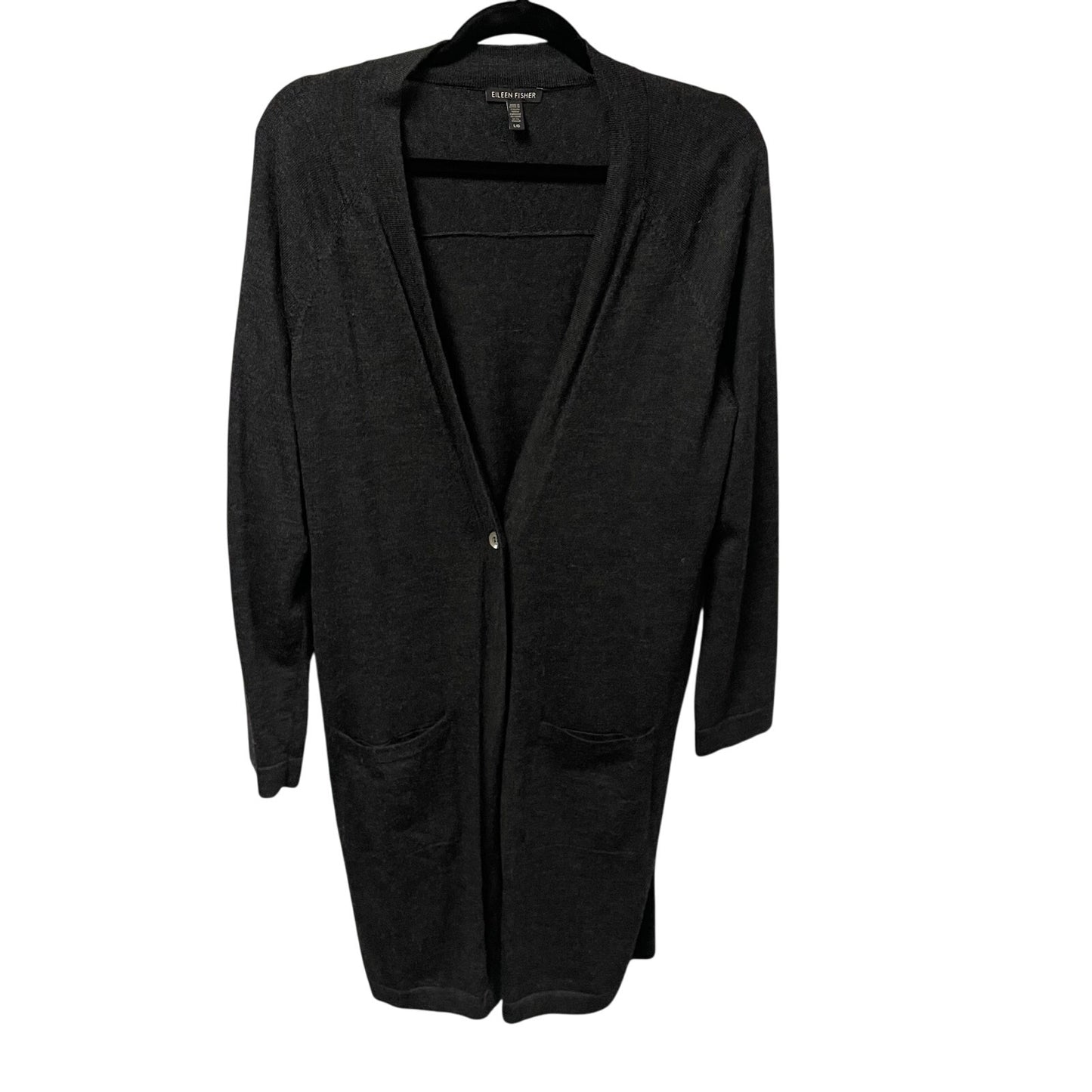 Eileen Fisher Pure Merino Wool Button Front Duster Cardigan Dark Gray Size Large