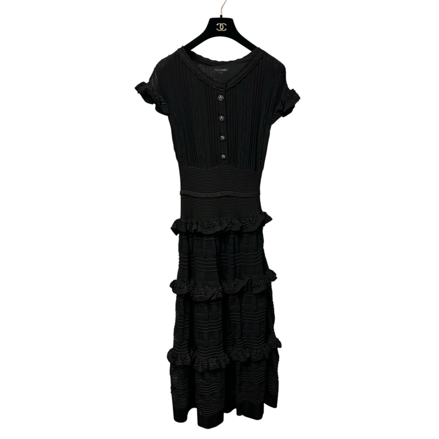 NWT Chanel Black Fond De Robe Short Sleeve Tiered Maxi Dress Womens 36 / US 4