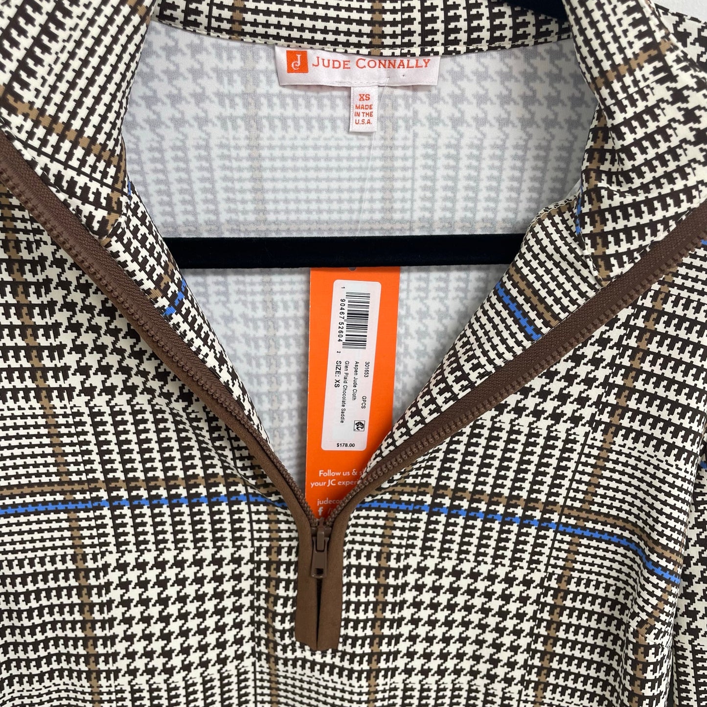 NWT Jude Connally Aspen Jude Cloth Glen Plaid Chocolate Saddle Half Zip Top XS