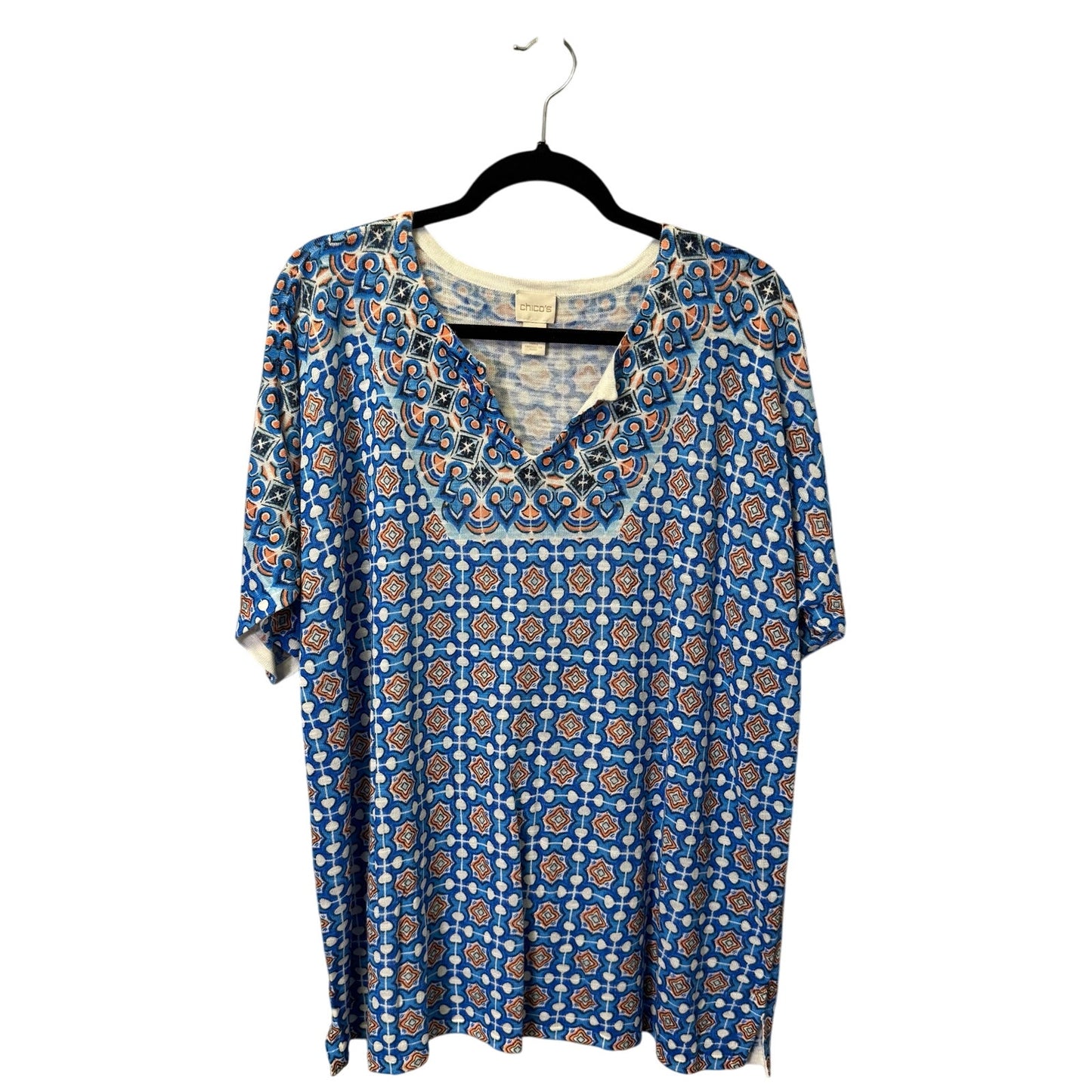 Chico’s Blue Orange Geometric Print Short Sleeve V Neck Ramie Top Womens 20