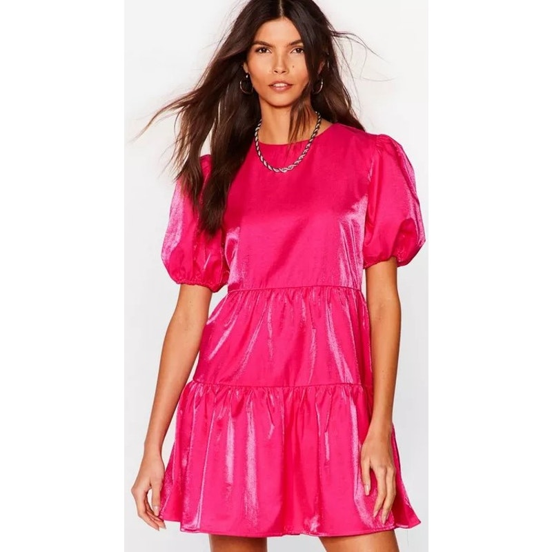 Nasty Gal Smock It to Me Puff Sleeve Mini Dress Metallic Pink Womens 6