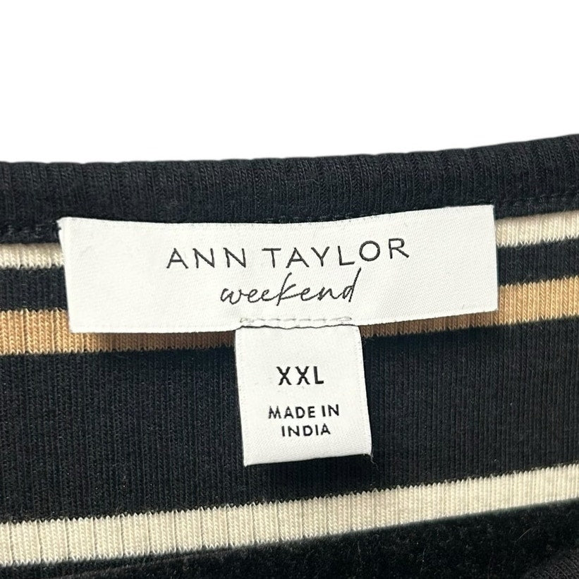 Ann Taylor Weekend Collection Black Tan Cream Stripe Henley Top Womens XXL