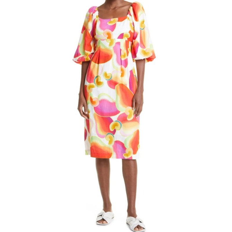 Farm Rio Cashew Juice Print Linen Blend Square Neck Midi Dress Womens Medium
