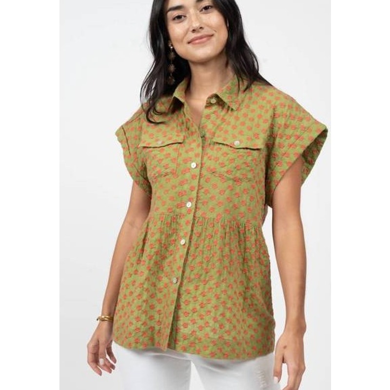 Ivy Jane Ginger Floral Embroidered Short Sleeve Button Up Green Coral Womens XS