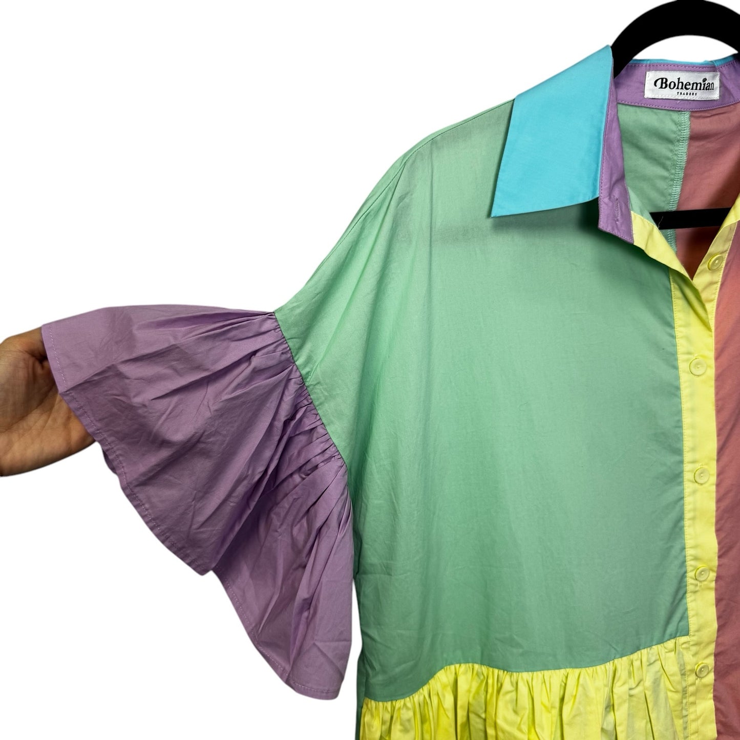 Bohemian Multi Color Block Ruffle Sleeve Button Down Shift Dress Womens Medium