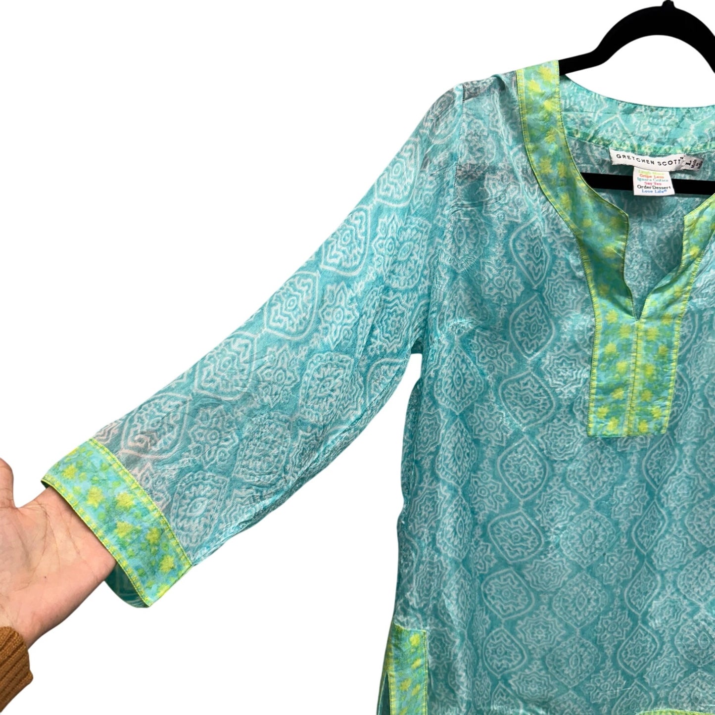 Gretchen Scott Turquoise Lime 3/4 Sleeve Easy Breezy Silk Tunic Womens Large
