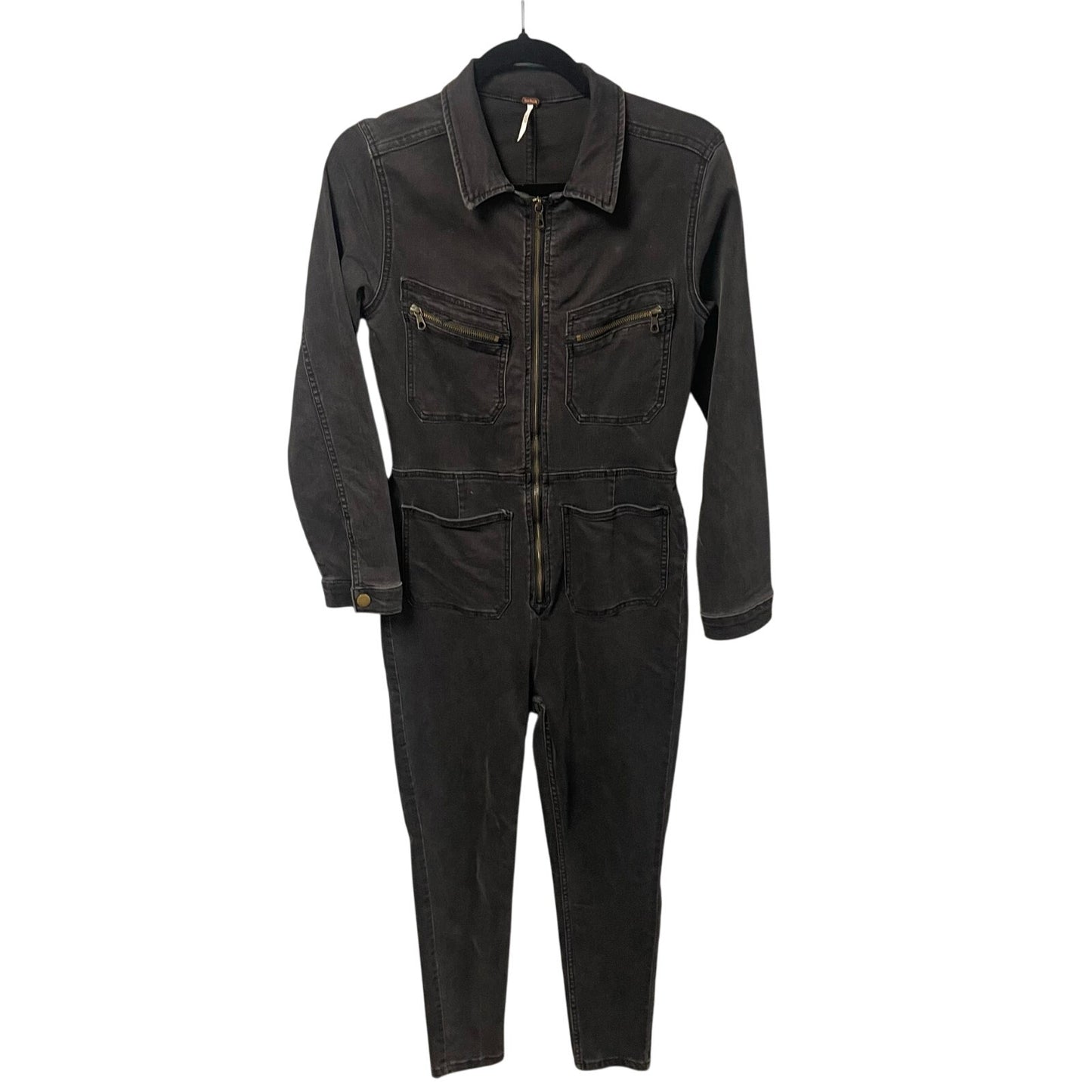 Free People Lennox Skinny Fit Denim Jumpsuit Washed Black Womens Medium