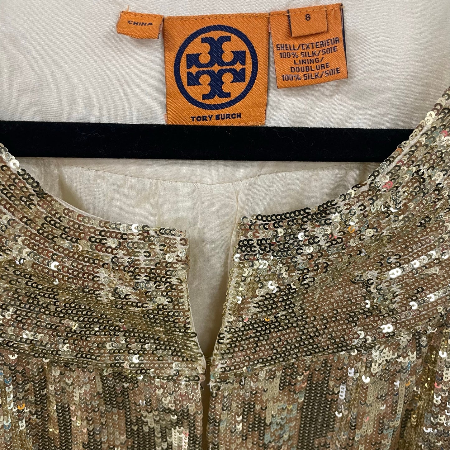Tory Burch Metallic Gold Sequin Sleeveless Silk Sheath Dress Womens Size 8
