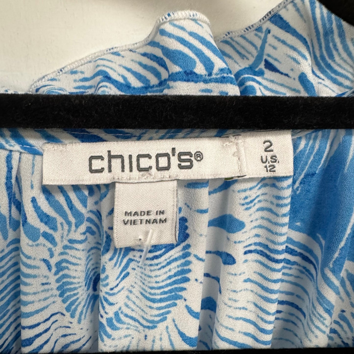 Chico’s Blue White Print Long Sleeve V Neck Blouson Midi Dress Womens 12