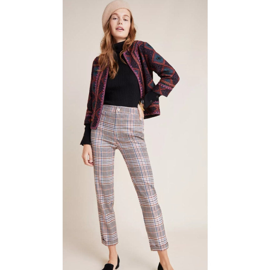 by Anthropologie Malcolm Plaid Tapered Slim Fit Front Zip Trousers Womens 12