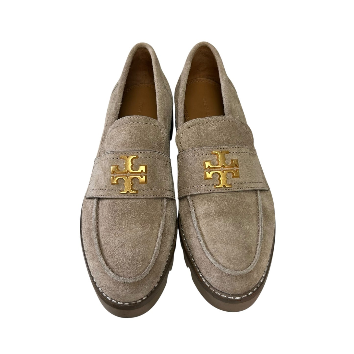 Tory Burch Avola Tan Suede Leather Gold Logo Everly Chunky Loafers Womens 6