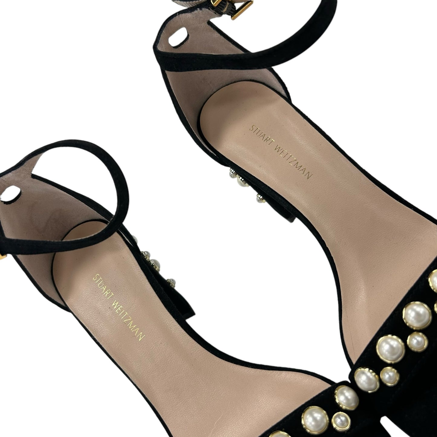 Stuart Weitzman Black Morepearls Studded Suede Ankle Strap Sandals Womens 7