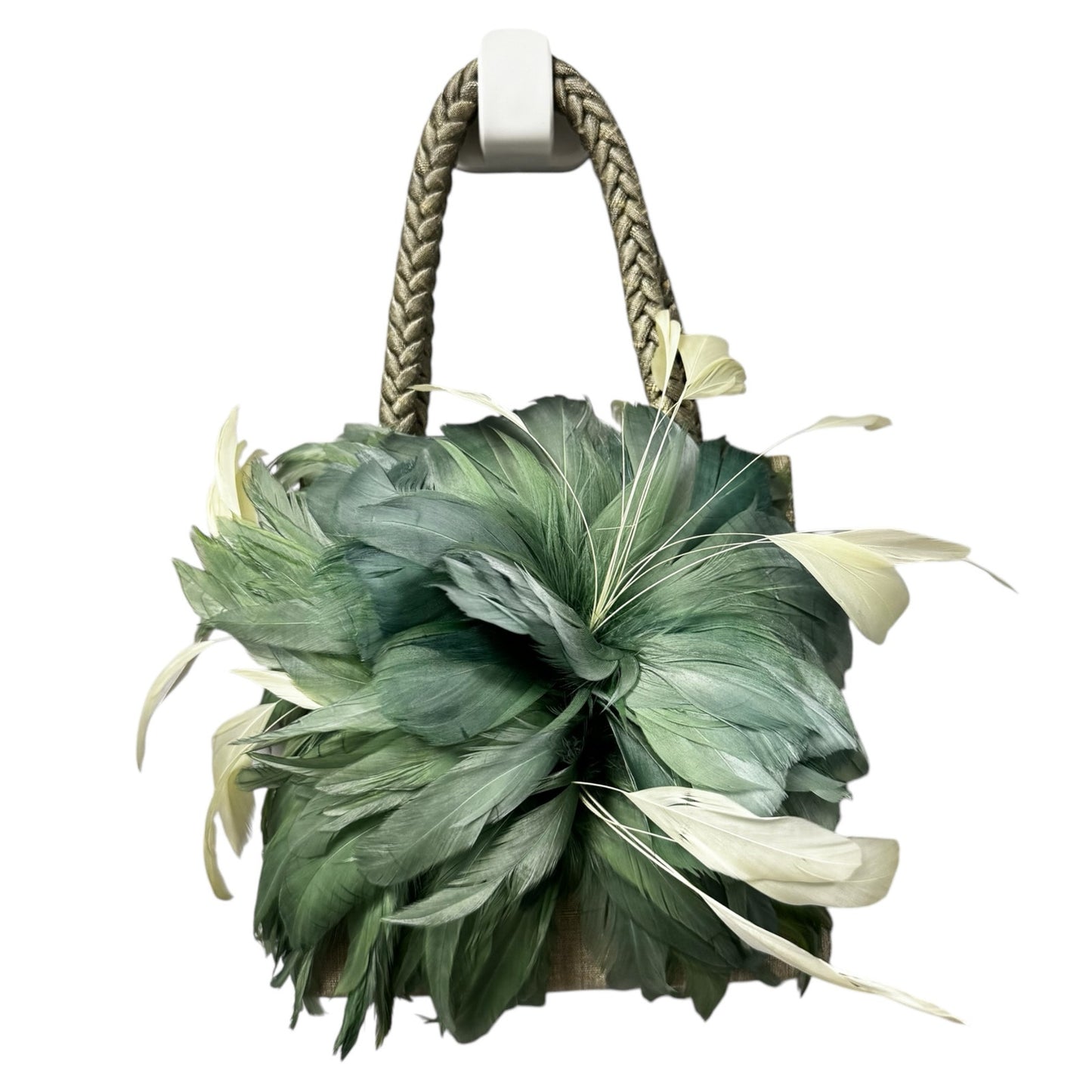 NWT Mother Plucker Feather Company Khaki Sage Green Feather Silk Top Handle Bag