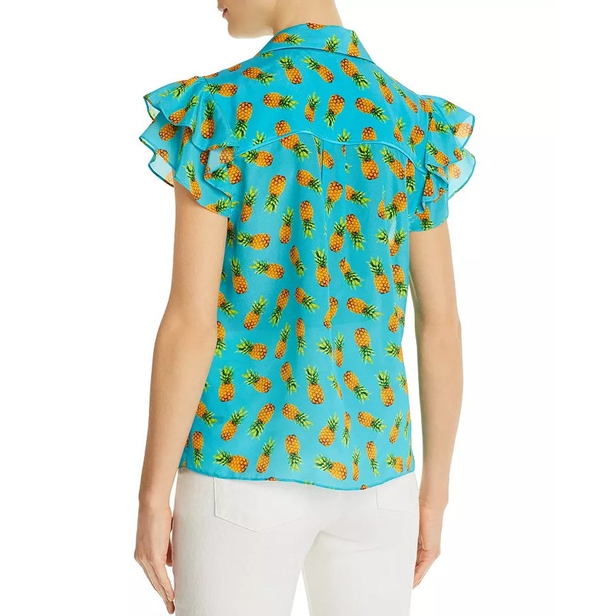 Alice + Olivia Blue Pineapple Print Flutter Sleeve Button Front Top Size Medium
