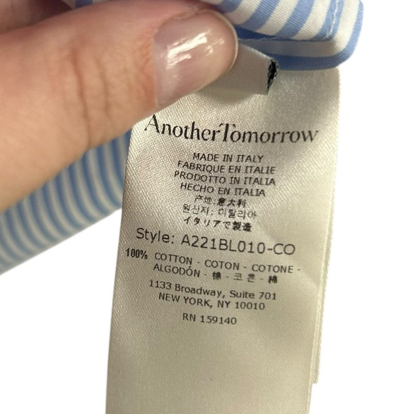 Another Tomorrow Azure Blue White Tie Neck Stripe Poplin Blouse Womens 36 / US 0