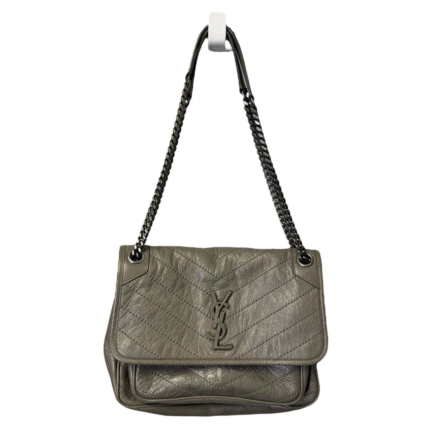 Yves Saint Laurent Fog Grey Crinkled Calfskin Monogram Niki Chain Satchel