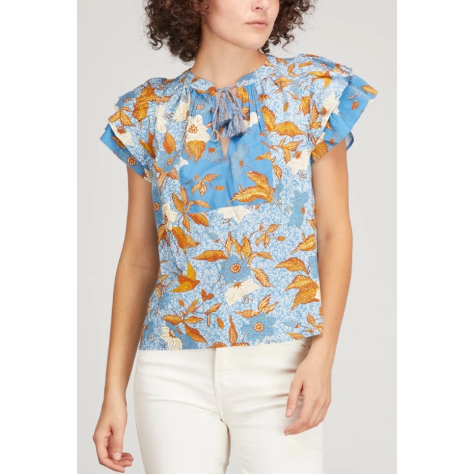 Ulla Johnson Blue Orange Floral Flutter Sleeve V Neck Cotton Top Womens 8