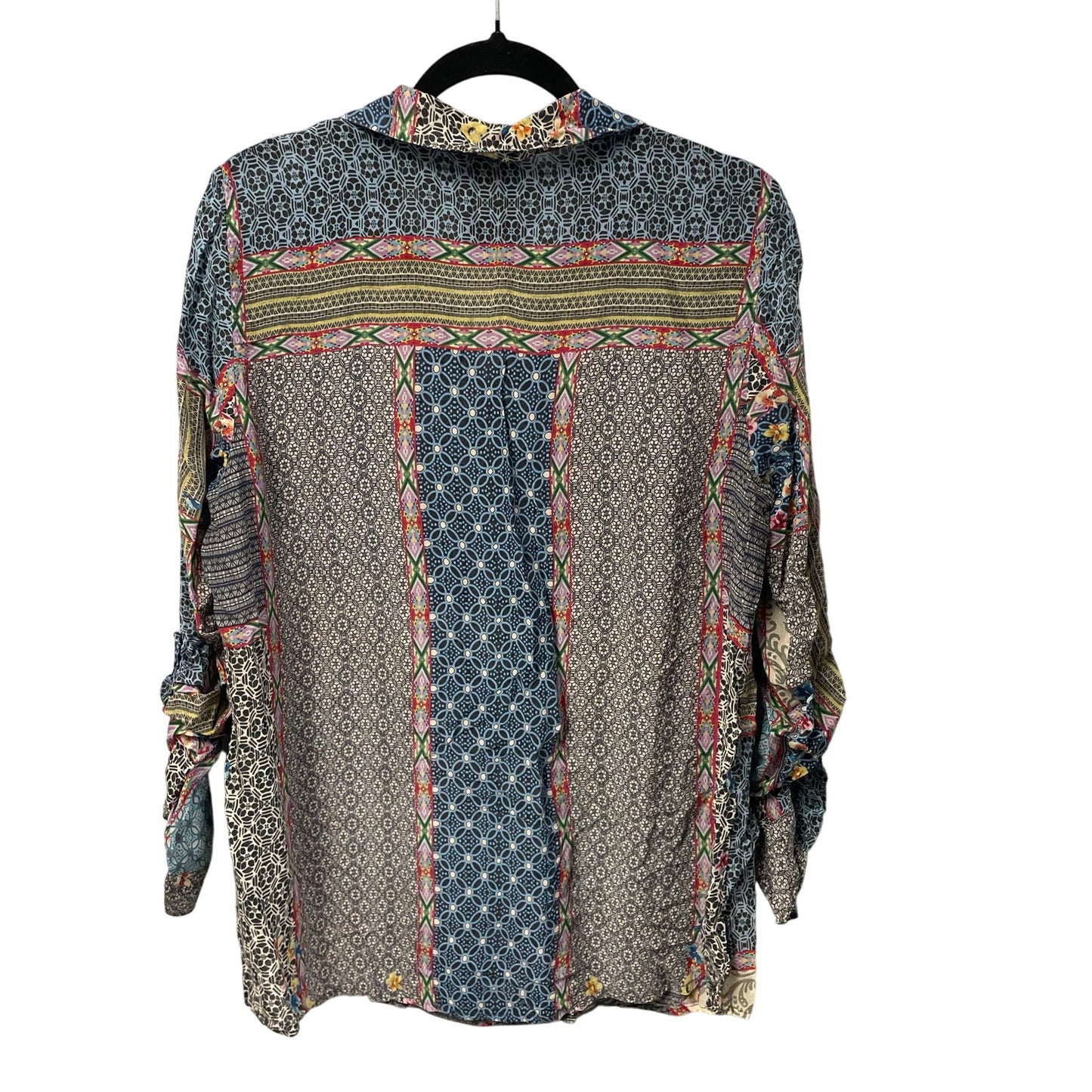Johnny Was Blue Multicolor Floral Geometric Print Longline Shirt Womens Large