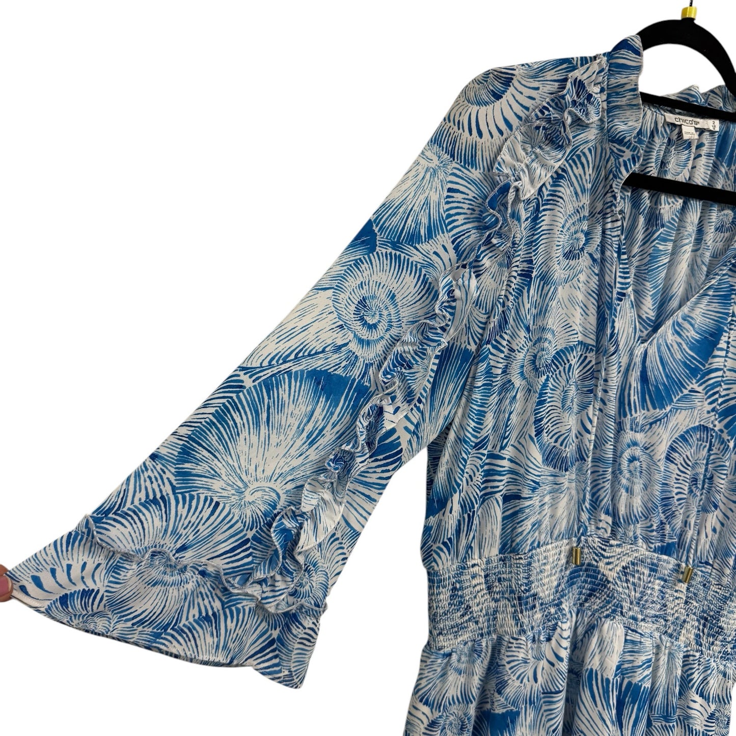 Chico’s Blue White Print Long Sleeve V Neck Blouson Midi Dress Womens 12