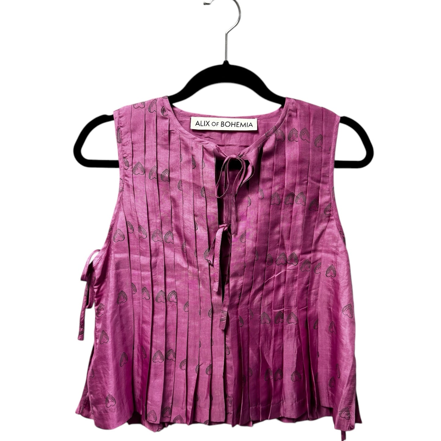 Alix Of Bohemia Fuchsia Heart Print Open Side Tie Front Silk Top Womens X-Small