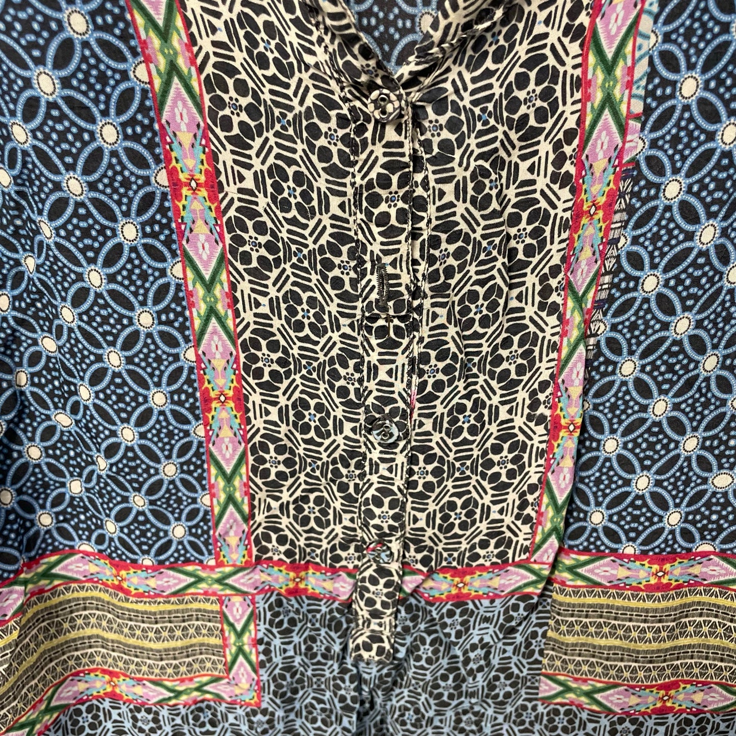 Johnny Was Blue Multicolor Floral Geometric Print Longline Shirt Womens Large