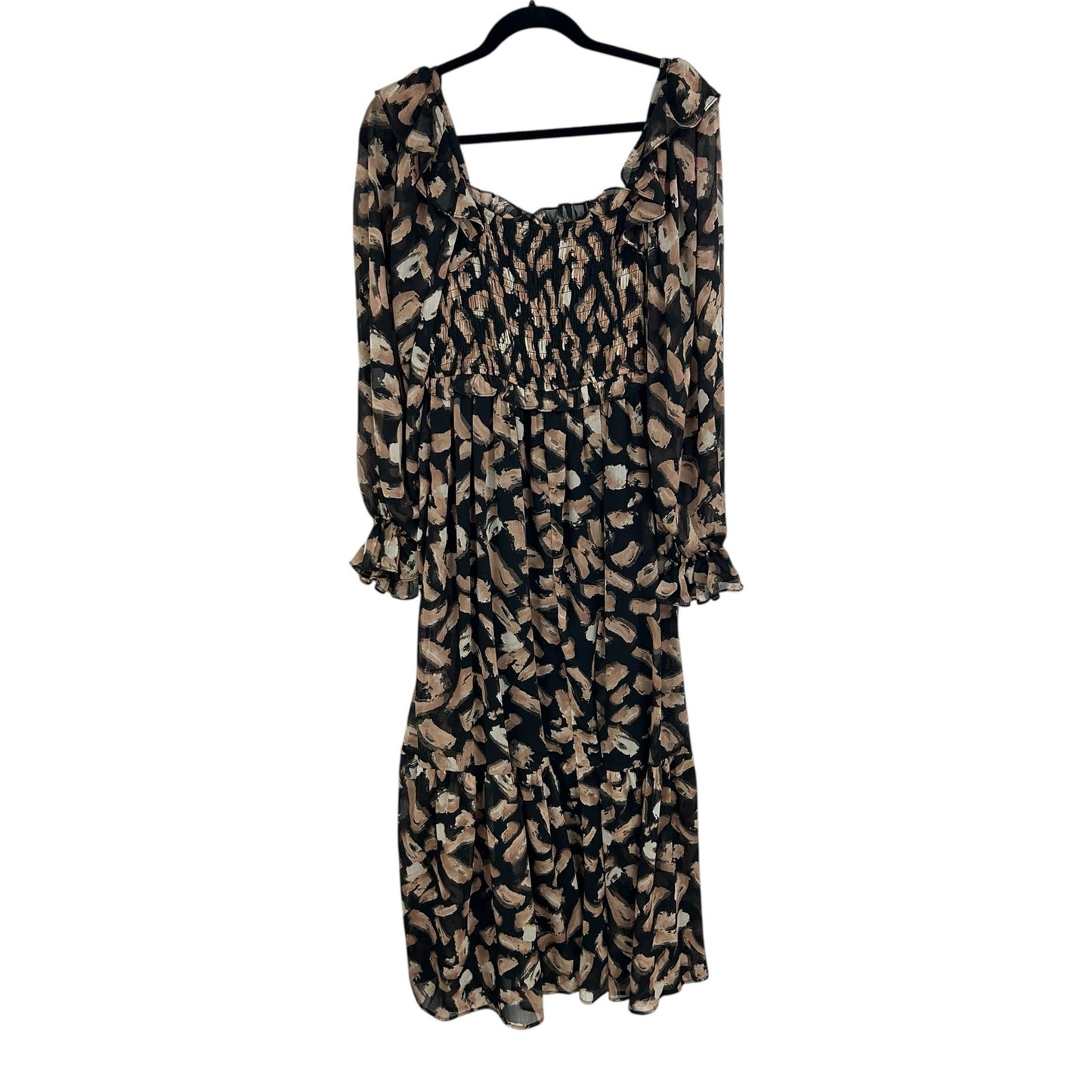 NWT Moon River Black Tan Printed Smocked Square-Neck Dress Womens Size Medium