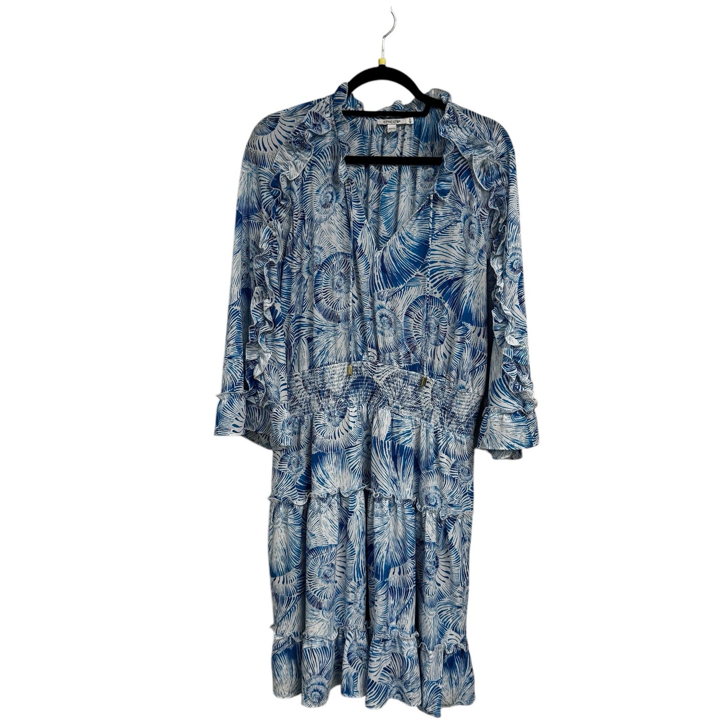Chico’s Blue White Print Long Sleeve V Neck Blouson Midi Dress Womens 12
