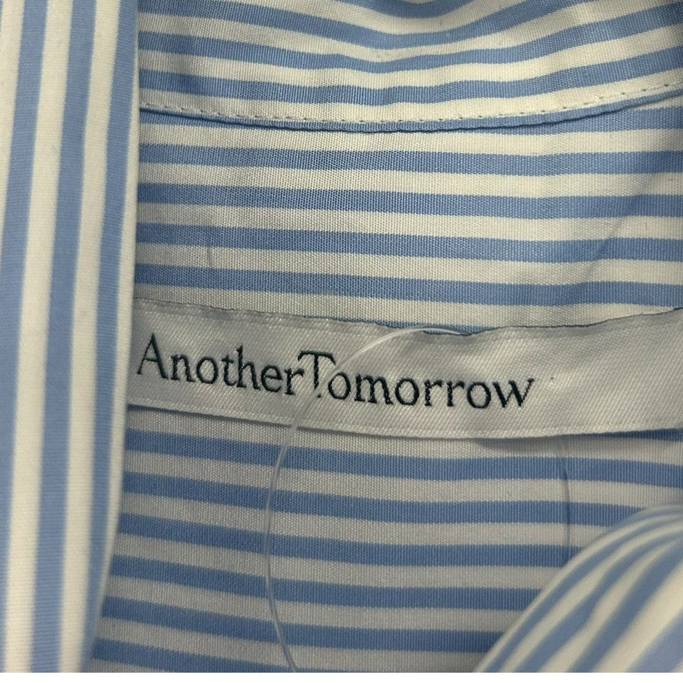 Another Tomorrow Azure Blue White Tie Neck Stripe Poplin Blouse Womens 36 / US 0