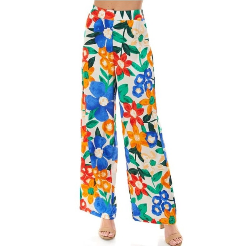 NWT TCEC Cream Multicolor Floral Print Wide Leg Side Zip Pants Womens Small