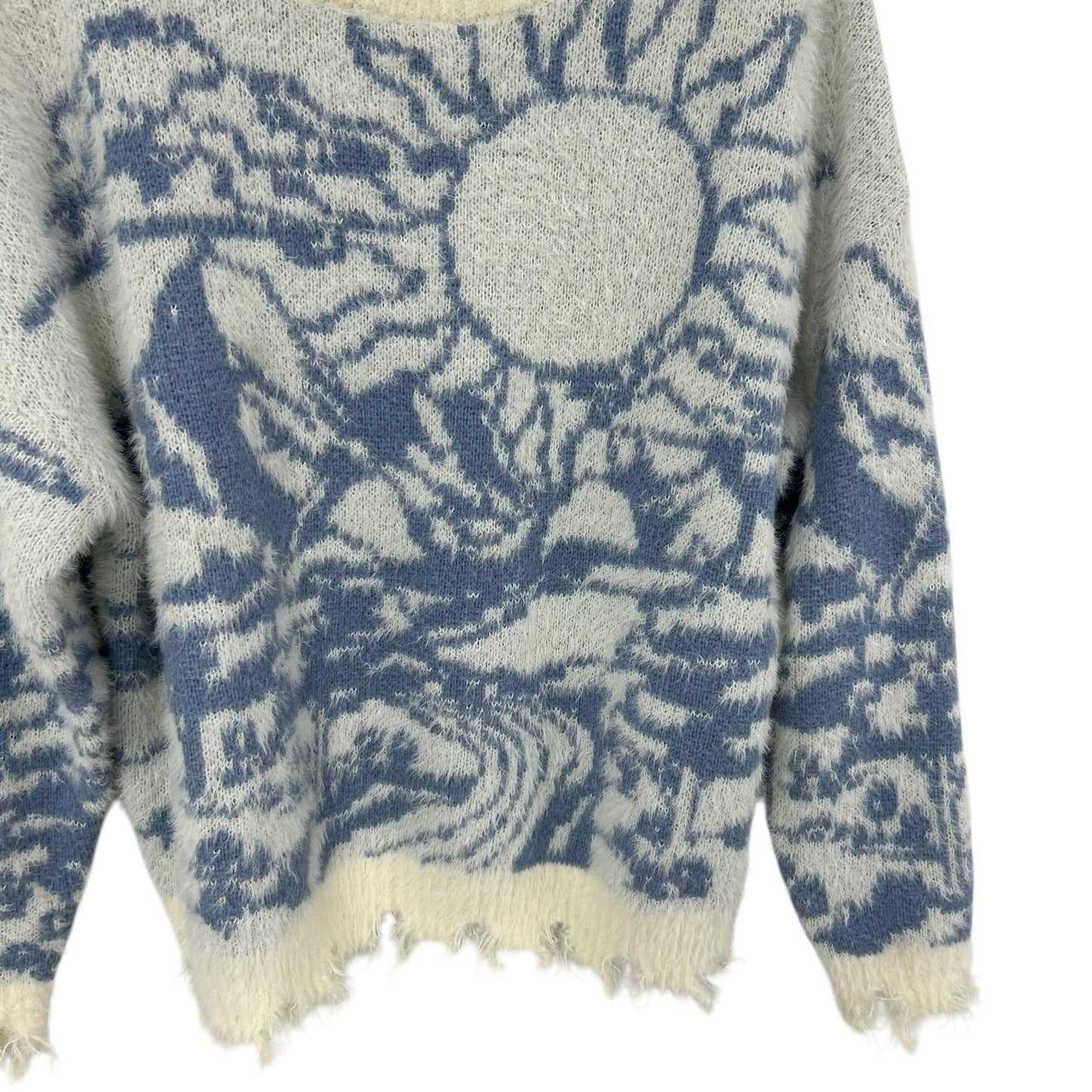 Altar’d State Cream Blue Sun Mountain Scene Raw Hem Sweater Womens Medium