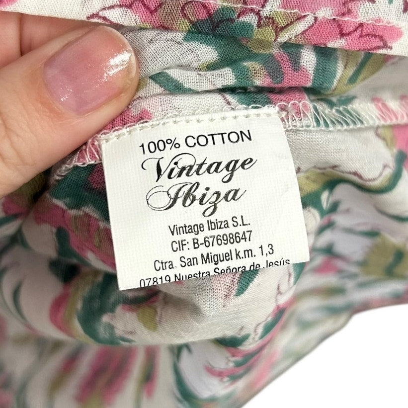 Vintage Ibiza Pink Green Floral Print Short Sleeve Cotton Dress Womens Small