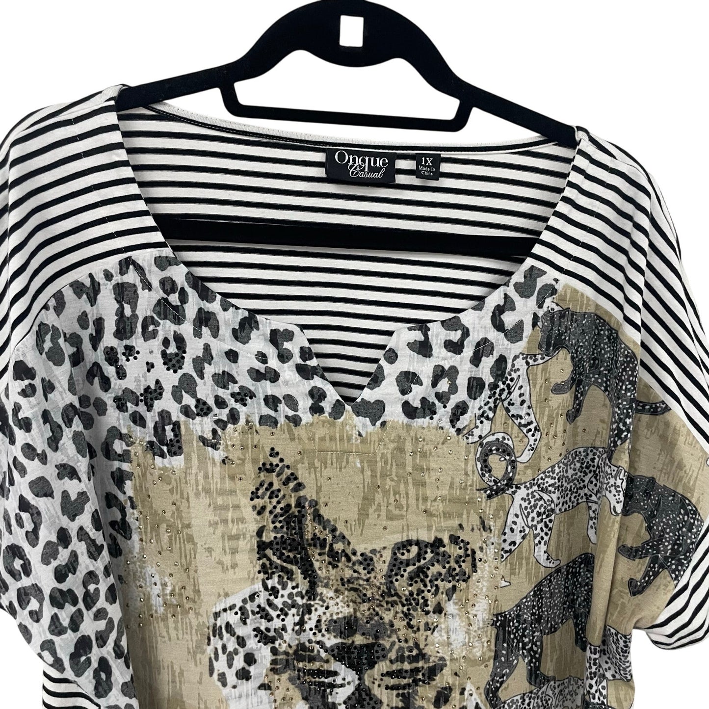 Onque Casual Short Sleeve Striped Cheetah Cat Print Top Womens Plus Size 1X