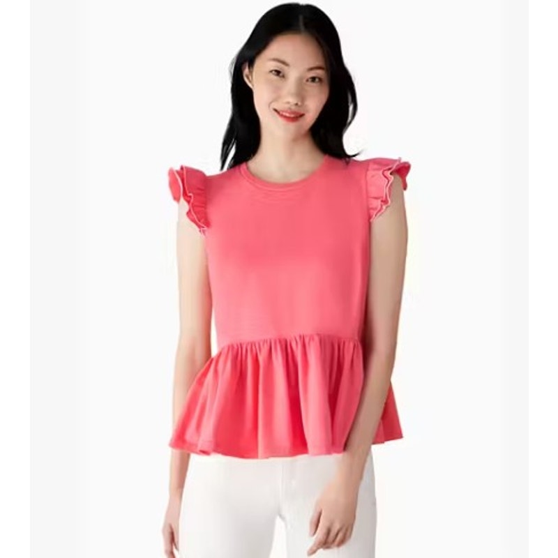Kate Spade New York Pink Ruffle Sleeve Crewneck Cotton Peplum Tee Womens Medium
