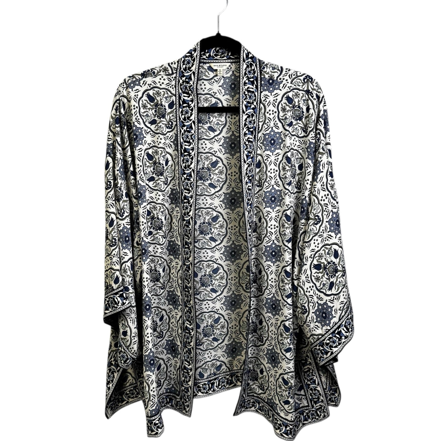 Max Studio Blue White Print Long Kimono Sleeve Open Front Cardigan Womens 1X
