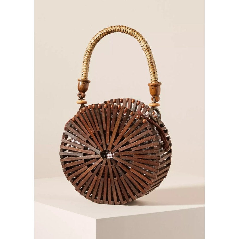 by Anthropologie Wooden Drawstring Closure Wicker Top Handle Tote